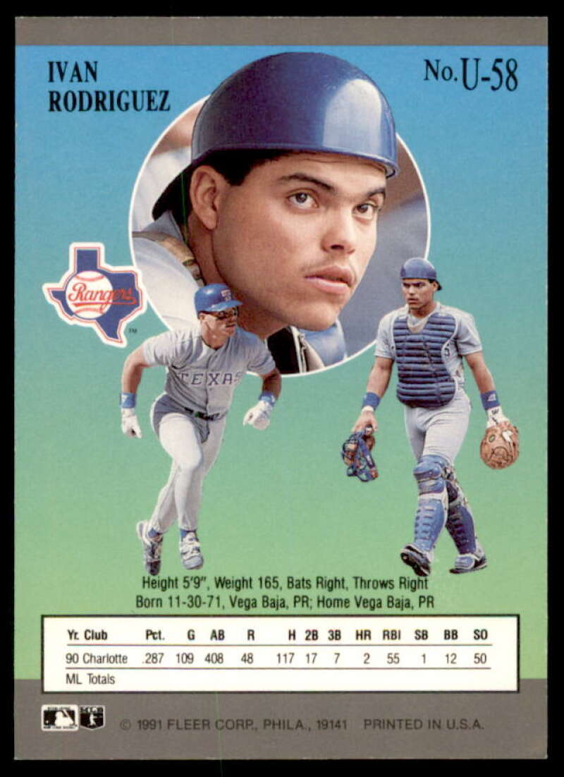 Ivan Rodriguez Rookie Card 1991 Ultra Update #U58  Image 2