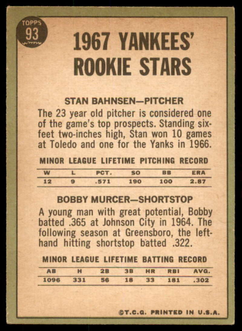 Rookie Stars/Stan Bahnsen RC/Bobby Murcer Card 1967 Topps #93  Image 2