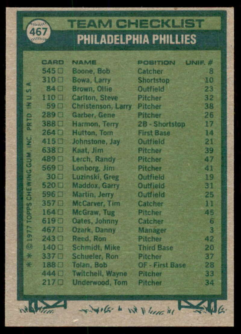 Philadelphia Phillies CL/Danny Ozark MG Card 1977 Topps #467  Image 2