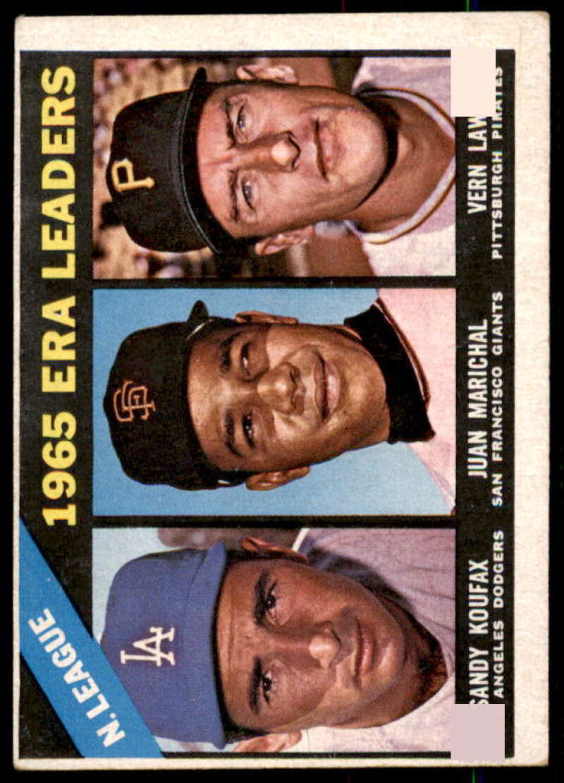 NL ERA Leaders/Sandy Koufax/Juan Marichal/Vern Law Card 1966 Topps #221  Image 1