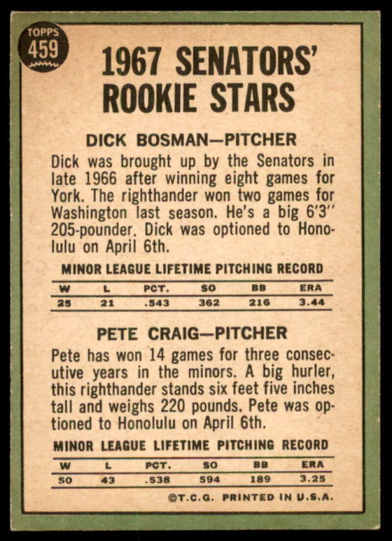 Rookie Stars/Dick Bosman RC/Pete Craig Card 1967 Topps #459  Image 2