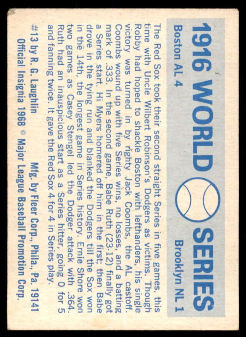 1916 Red Sox/Dodgers/(Babe Ruth) 1970 Fleer Laughlin World Serie Blue Backs #13  Image 2