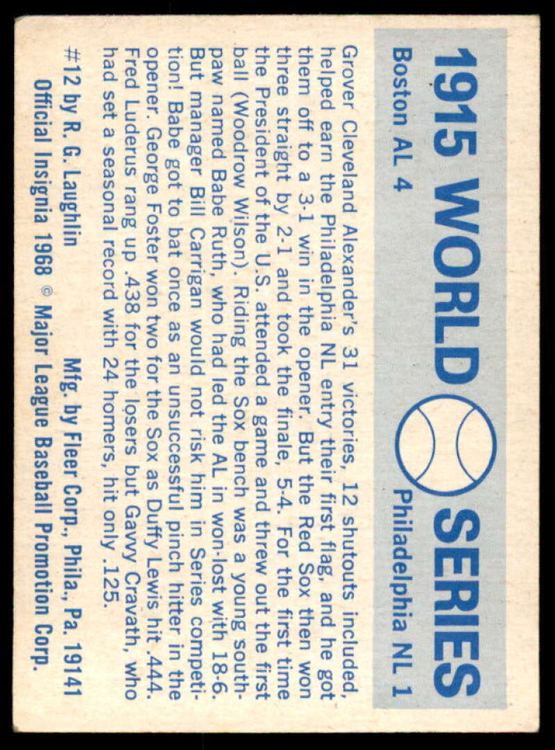 1915 Red Sox/Phillies/(Babe Ruth) 1970 Fleer Laughlin World Serie Blue Back #12  Image 2