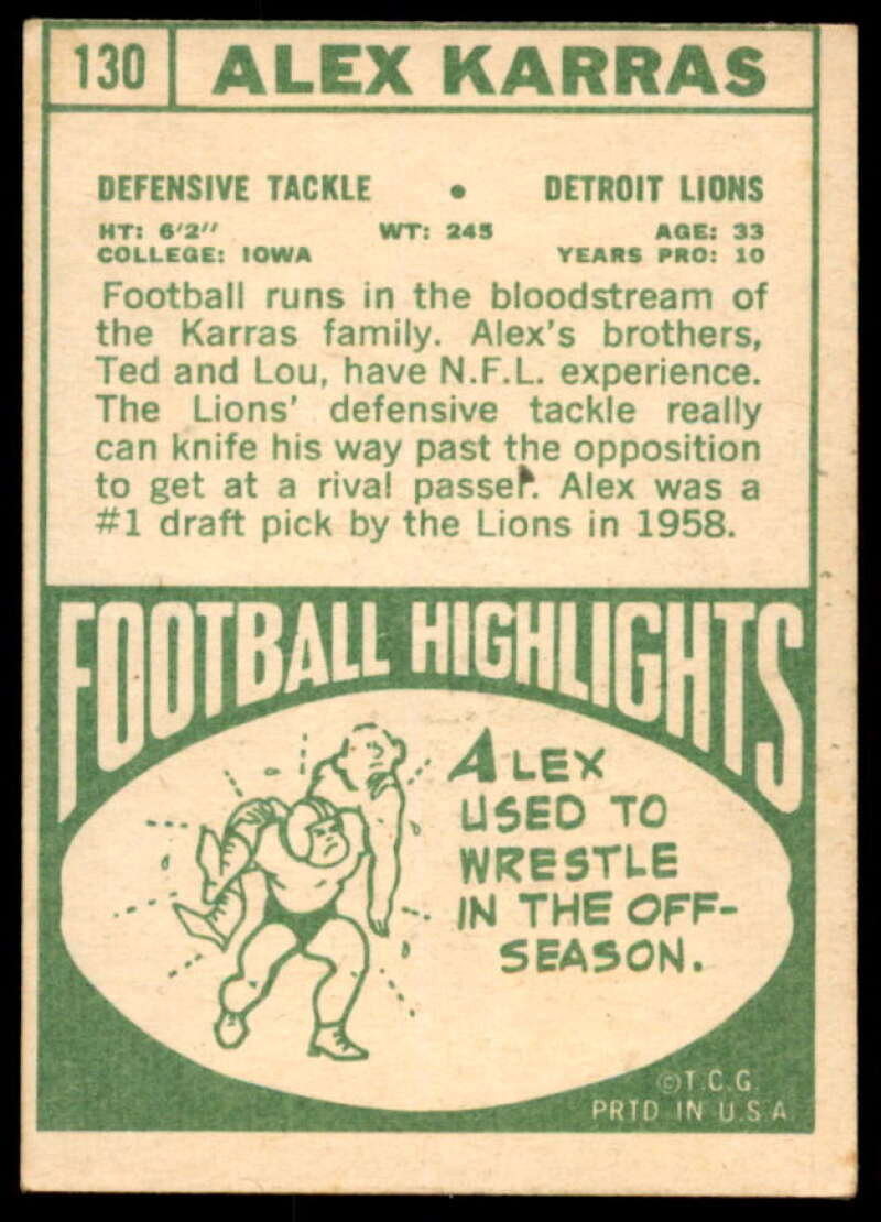 Alex Karras Card 1968 Topps #130  Image 2