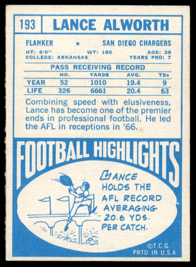 Lance Alworth Card 1968 Topps #193  Image 2