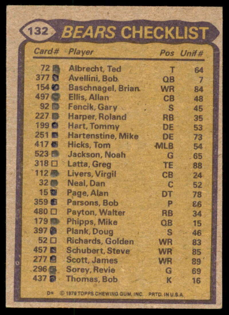 Chicago Bears TL/ Payton/Scott/Fencik/Page 1979 Topps Cream Colored Back #132  Image 2