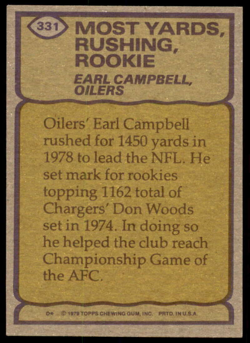 Earl Campbell RB/Most Yards/Rushing&amp; Rookie Card 1979 Topps #331  Image 2