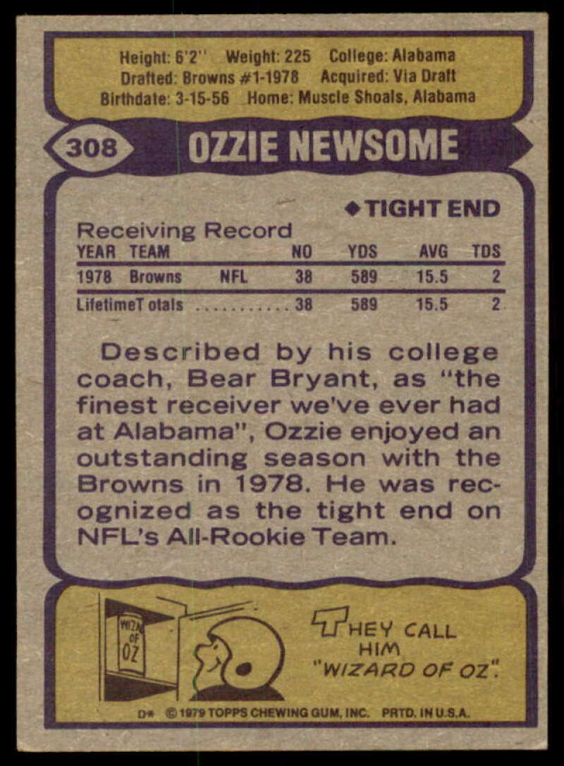 Ozzie Newsome Rookie Card 1979 Topps #308  Image 2