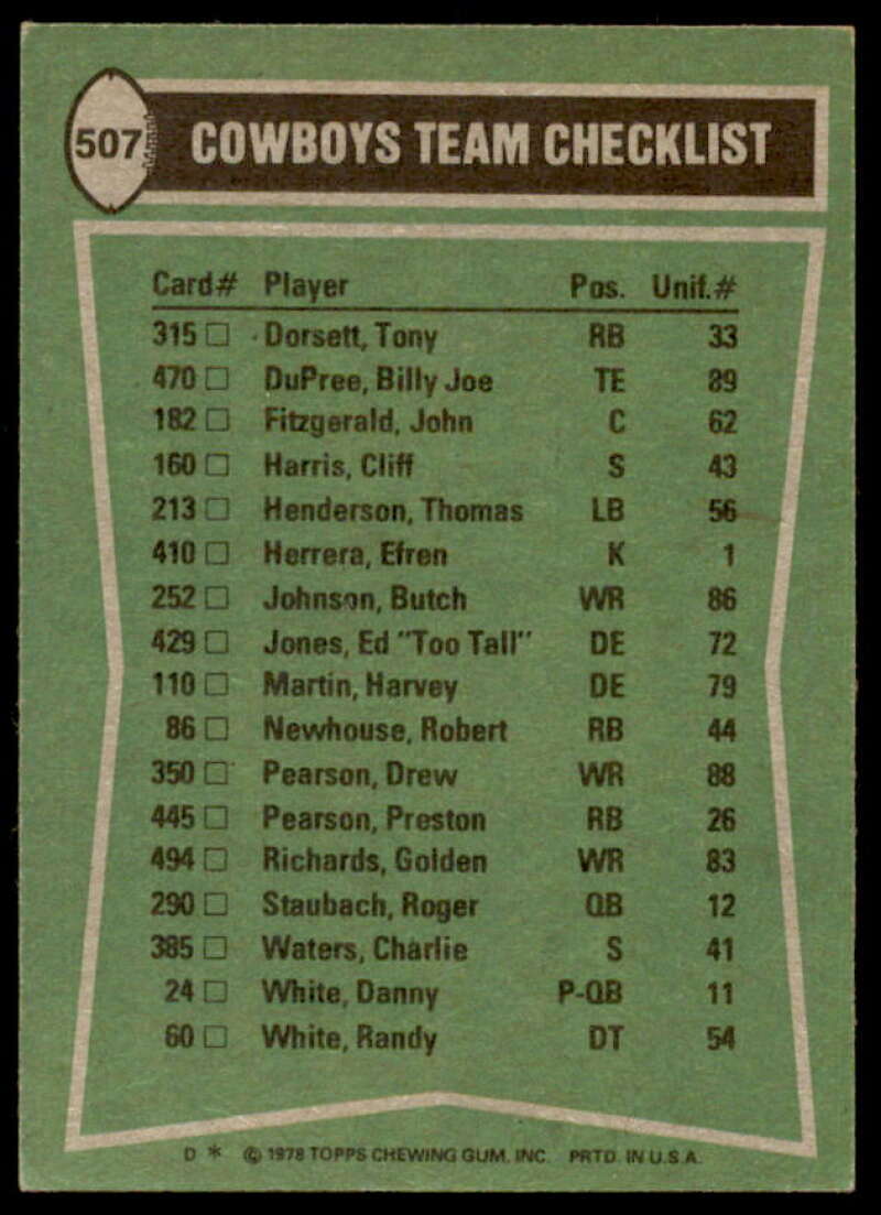 Dallas Cowboys TL/Dorsett/Pearson/Harris/Martin(checklist back) 1978 Topps #507  Image 2