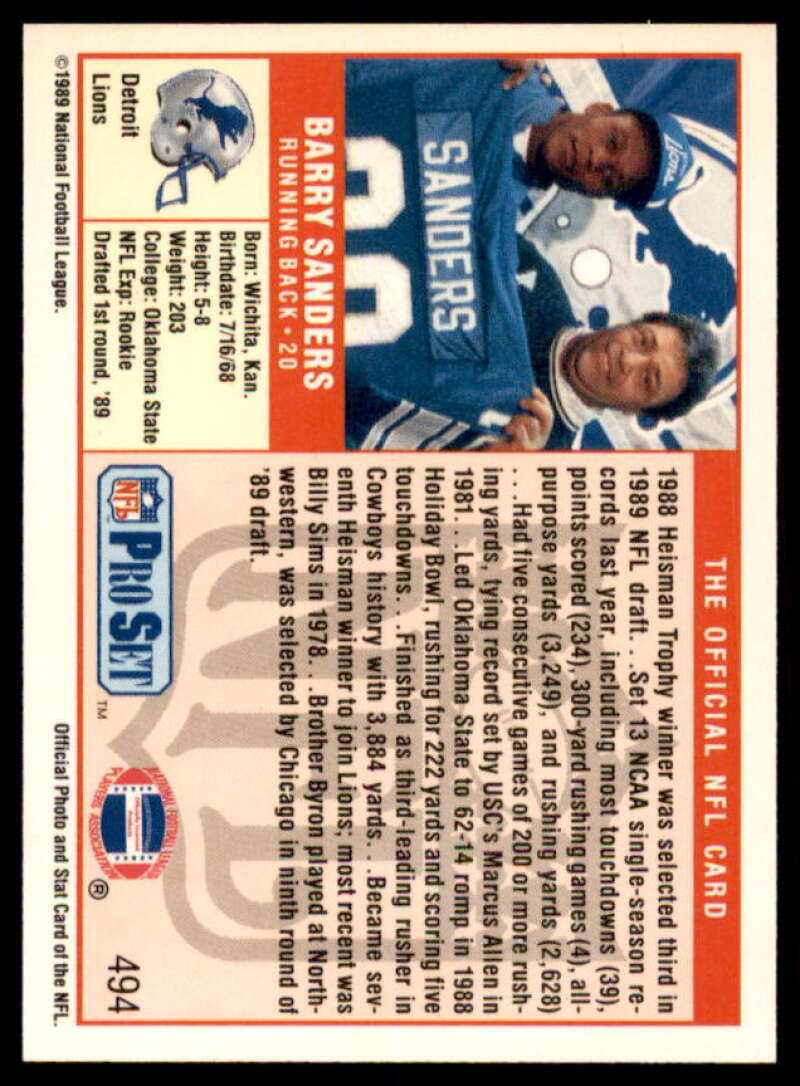 Barry Sanders Rookie Card 1989 Pro Set #494  Image 2