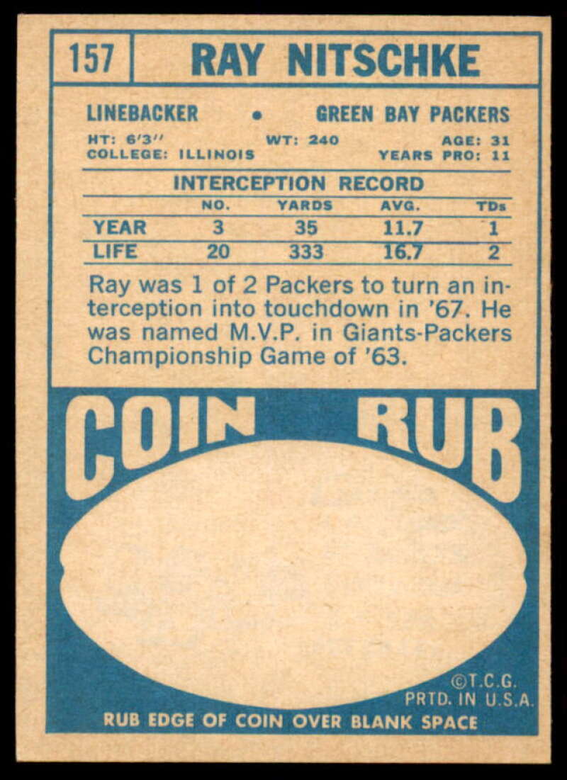 Ray Nitschke Card 1968 Topps #157  Image 2