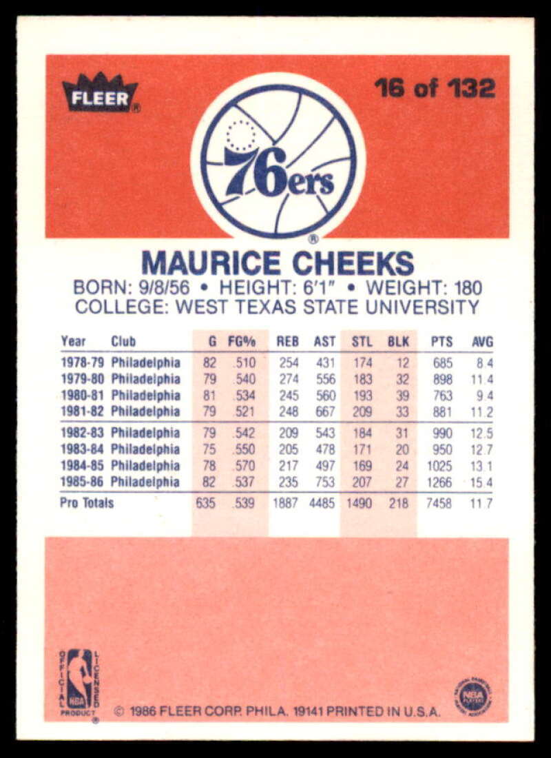 Maurice Cheeks Card 1986-87 Fleer #16  Image 2