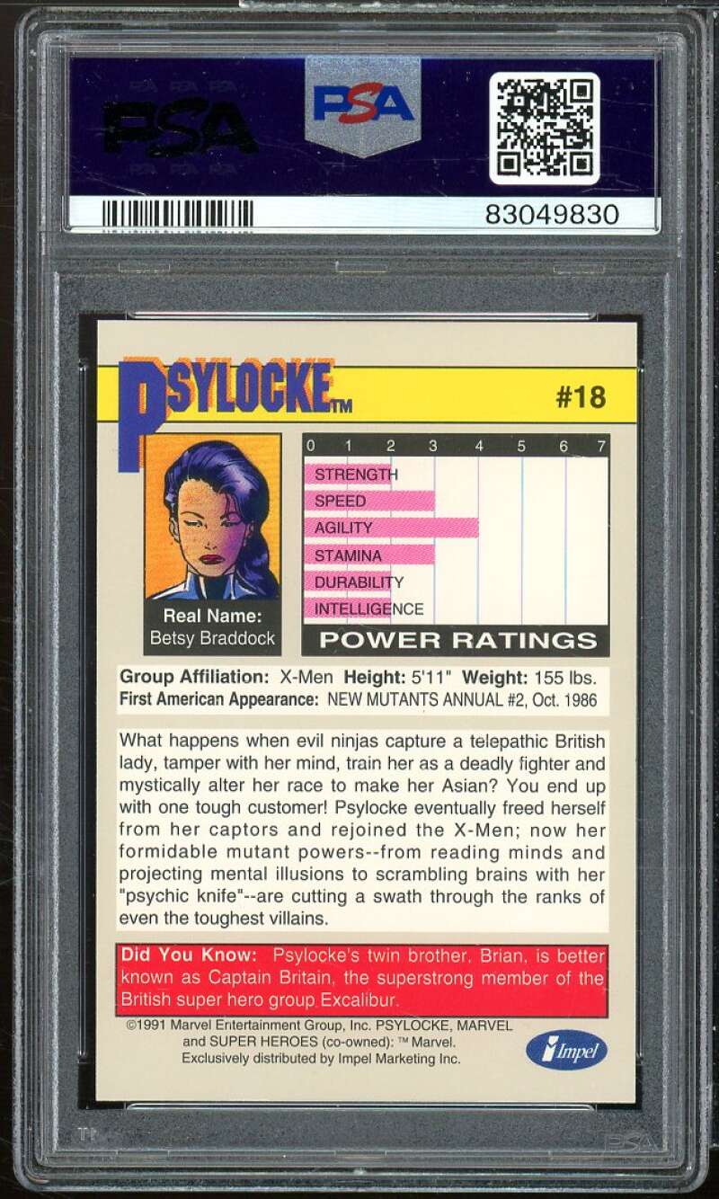 Pslocke Card 1991 Marvel Universe #18 PSA 8 Image 2