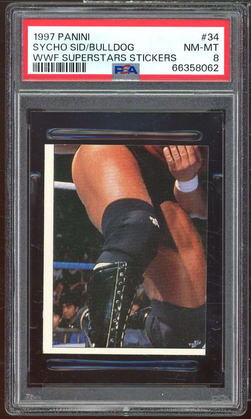 Sycho Sid/Bulldog Card 1997 Panini WWF Superstars Stickers #34 PSA 8 Image 1