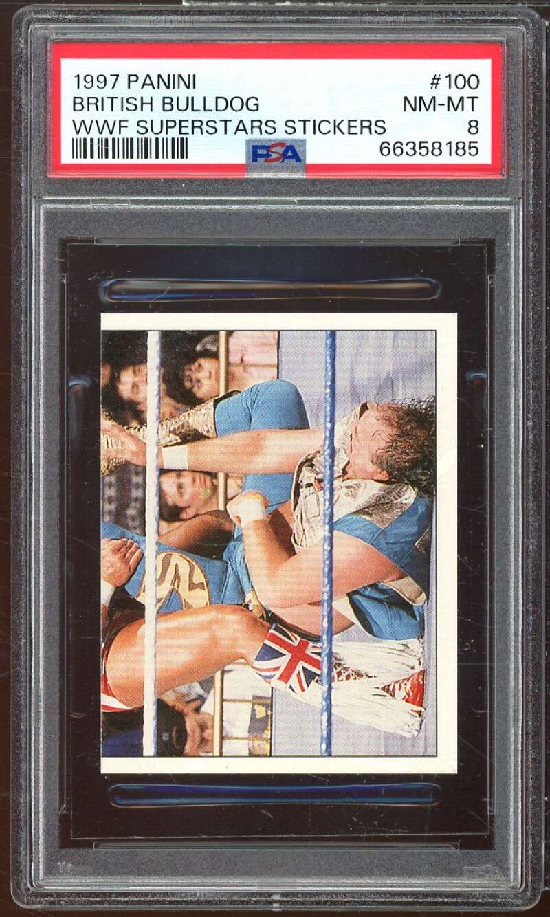 British Bulldog Card 1997 Panini WWF Superstars Stickers #100 PSA 8 Image 1