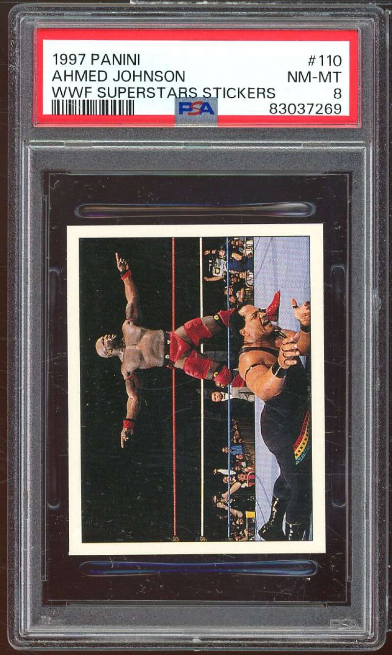 Ahmed Johnson Card 1997 Panini WWF Superstars Stickers #110 PSA 8 Image 1