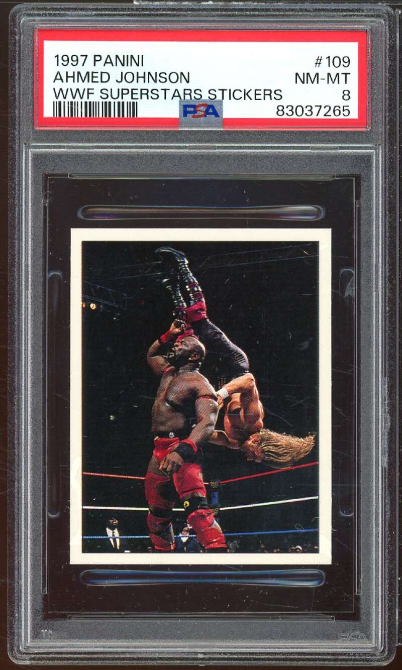 Ahmed Johnson Card 1997 Panini WWF Superstars Stickers #109 PSA 8 Image 1