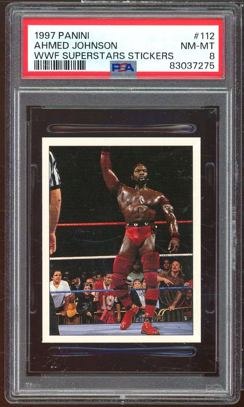 Ahmed Johnson Card 1997 Panini WWF Superstars Stickers #112 PSA 8 Image 1