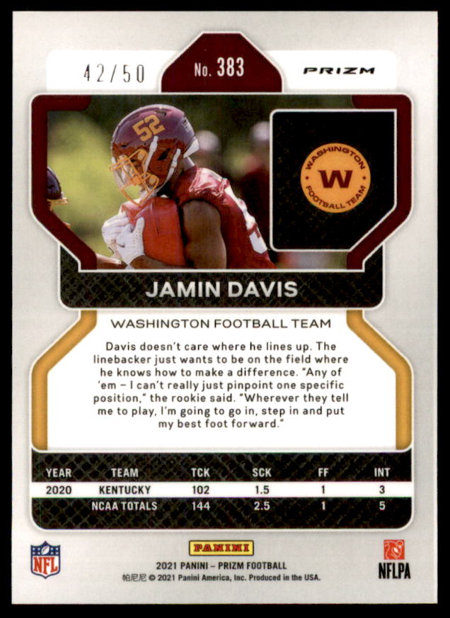 Jamin Davis Rookie Card 2021 Panini Prizm Prizms No Huddle Red #383  Image 2