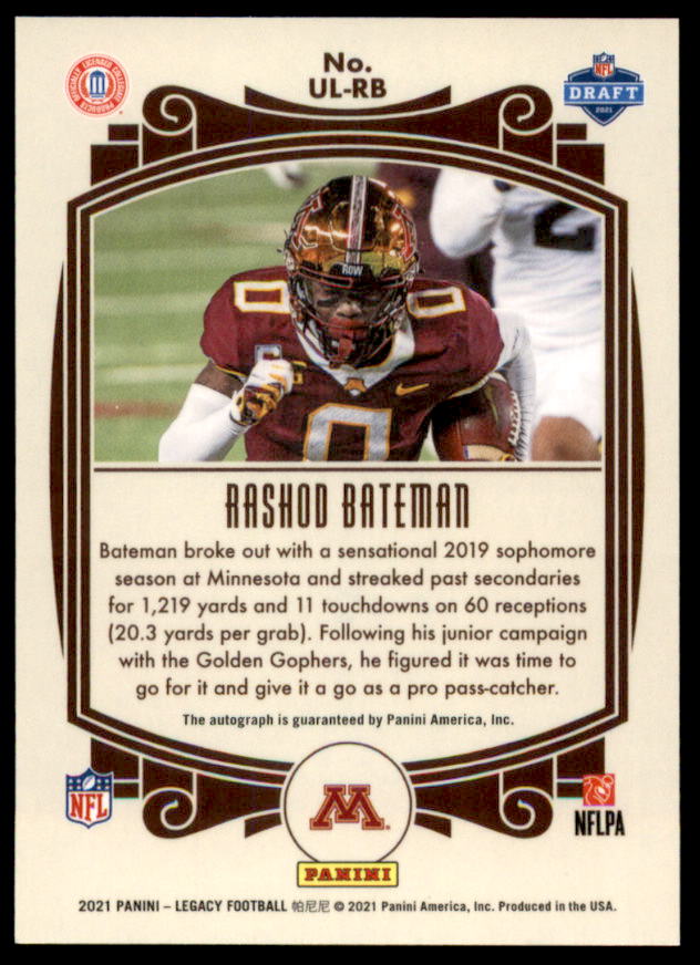 Rashod Bateman Rookie Card 2021 Panini Legacy Under the Lights Autographs #10  Image 2