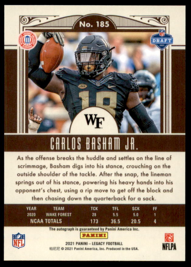 Carlos Boogie Basham Rookie 2021 Panini Legacy Rookies Premium Penmanship #185  Image 2