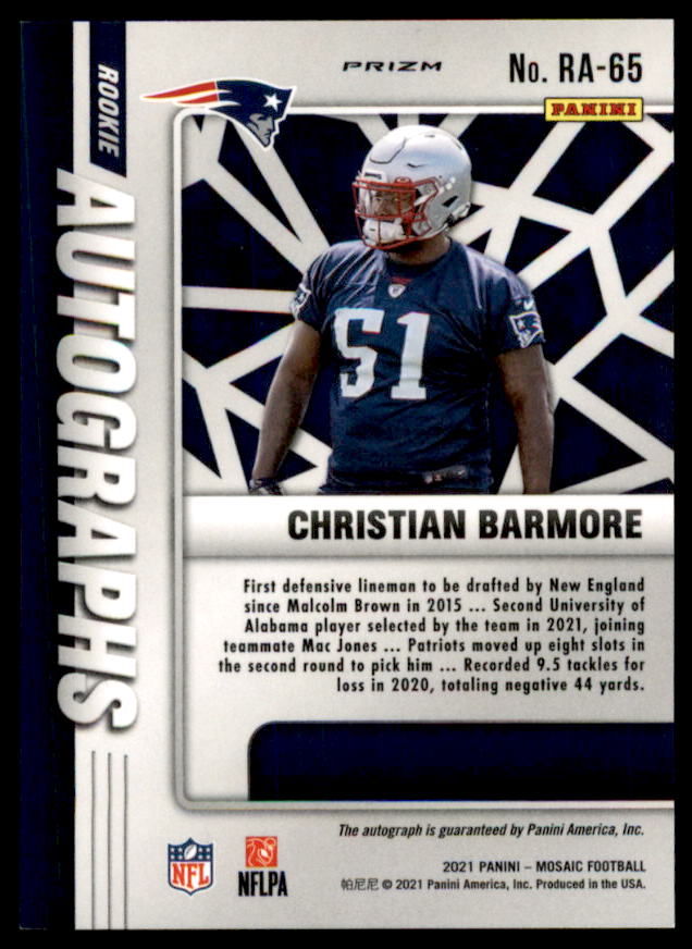 Christian Barmore Rookie Card 2021 Panini Mosaic Rookie Autographs Mosaic #65  Image 2