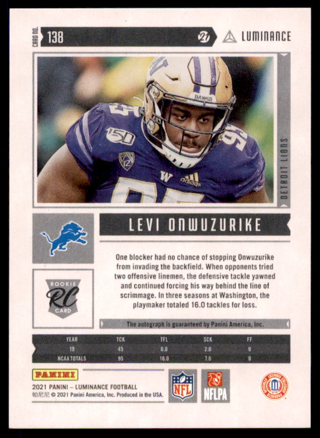 Levi Onwuzurike Rookie Card 2021 Panini Luminance Autographs #138  Image 2