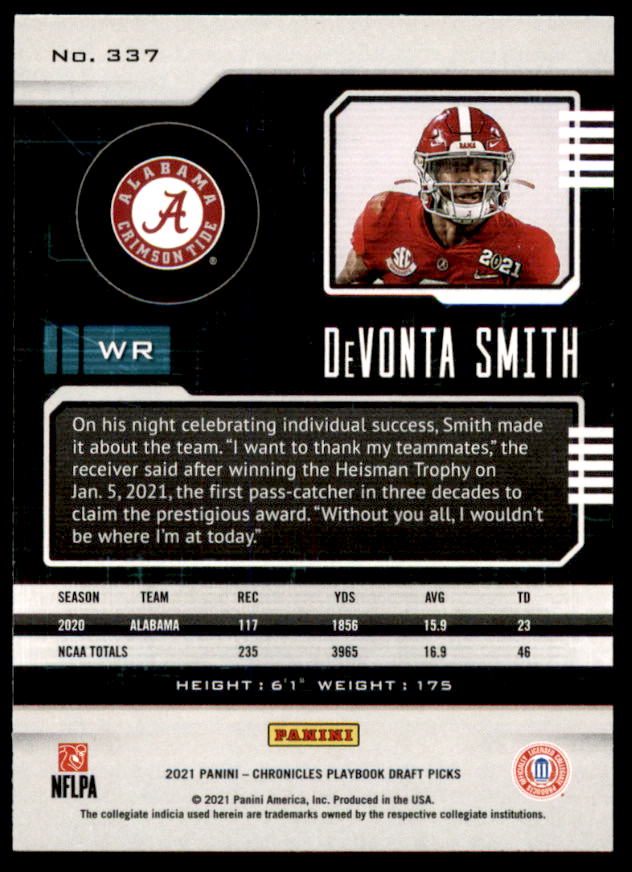 DeVonta Smith Rookie Card 2021 Panini Chronicles Draft Picks Playbook #337  Image 2