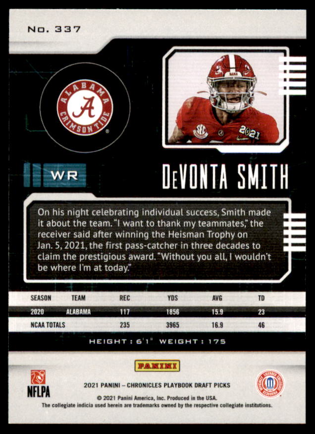 DeVonta Smith Rookie Card 2021 Panini Chronicles Draft Picks Playbook #337  Image 2