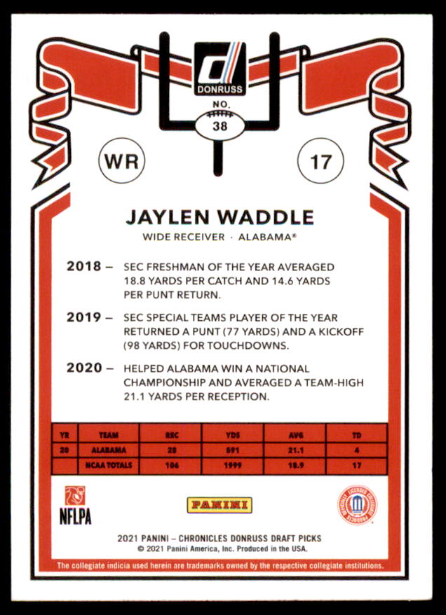 Jaylen Waddle Rookie Card 2021 Panini Chronicles Draft Picks Donruss Retro #38  Image 2