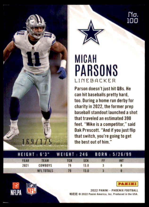 Micah Parsons Card 2022 Panini Phoenix Lava #100  Image 2