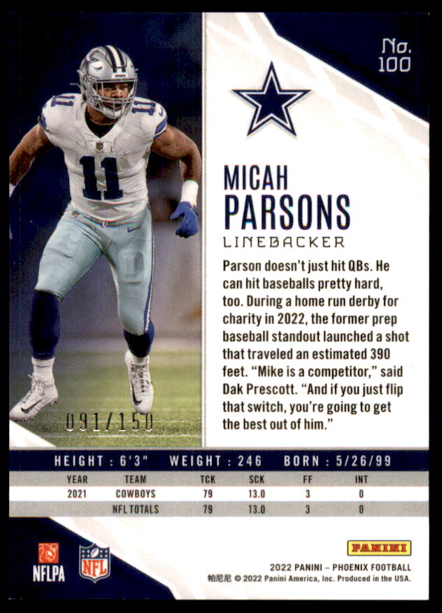 Micah Parsons Card 2022 Panini Phoenix Teal #100  Image 2