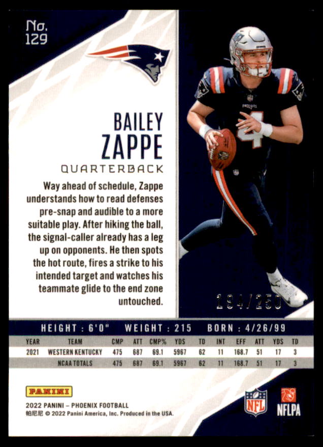 Bailey Zappe Rookie Card 2022 Panini Phoenix Red #129  Image 2