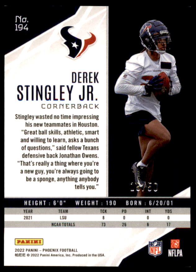 Derek Stingley Jr. Rookie Card 2022 Panini Phoenix Fire and Ice #194  Image 2