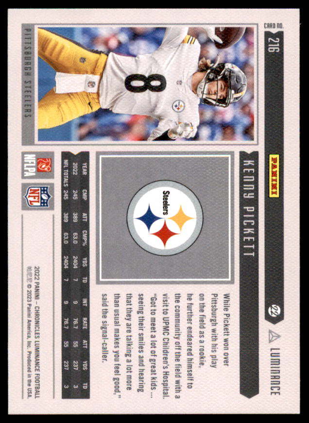 Kenny Pickett RC 2022 Panini Chronicles Luminance Update Horizontal Rookie #216  Image 2