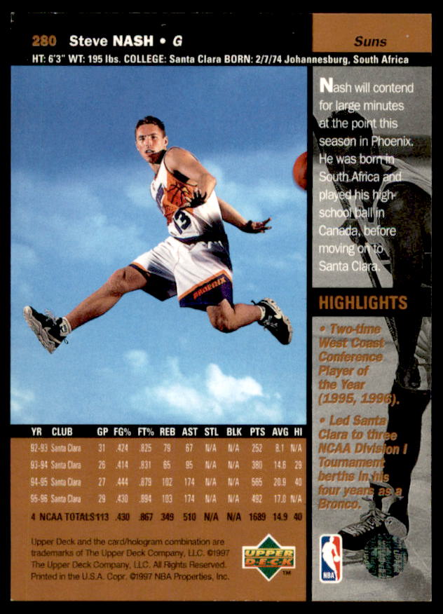 Steve Nash Rookie Card 1996-97 Upper Deck #280  Image 2