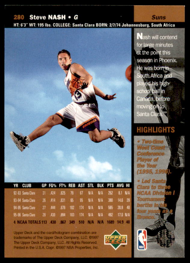 Steve Nash Rookie Card 1996-97 Upper Deck #280  Image 2