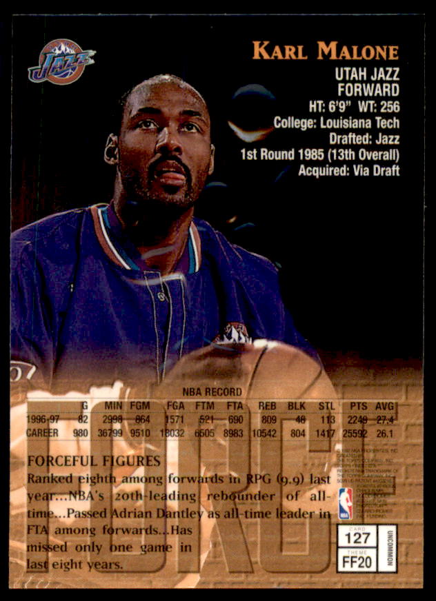 Karl Malone S Card 1997-98 Finest Embossed #127  Image 2