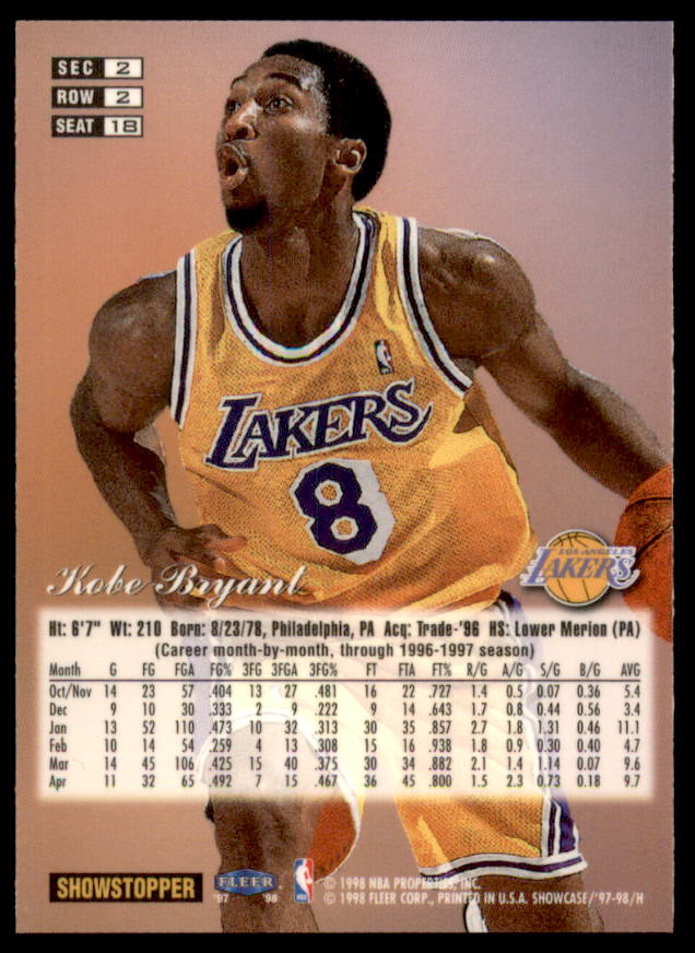 Kobe Bryant Card 1997-98 Flair Showcase Row 2 #18  Image 2