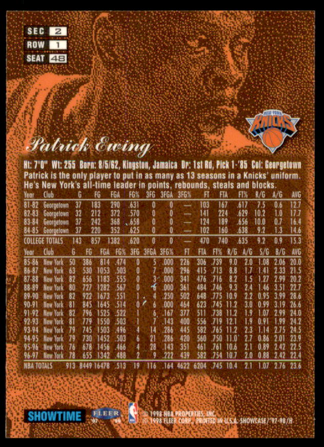 Patrick Ewing Card 1997-98 Flair Showcase Row 1 #48  Image 2