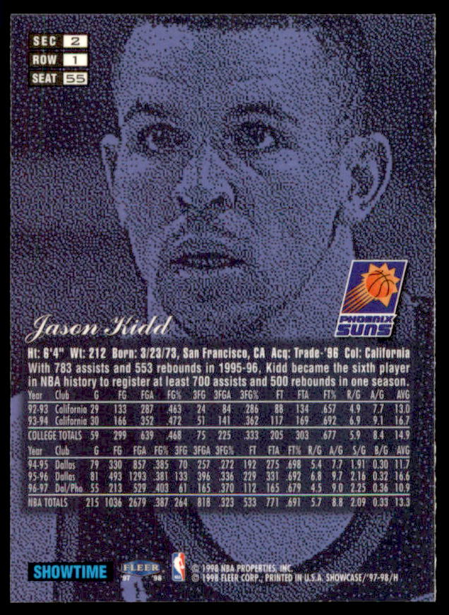 Jason Kidd Card 1997-98 Flair Showcase Row 1 #55  Image 2