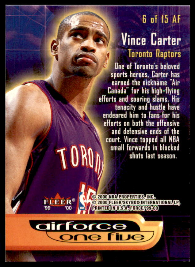 Vince Carter Card 1999-00 Fleer Force Air Force One Five #AF6  Image 2