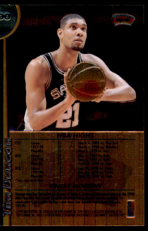 Tim Duncan Card 1998-99 Finest No Protectors #190  Image 2