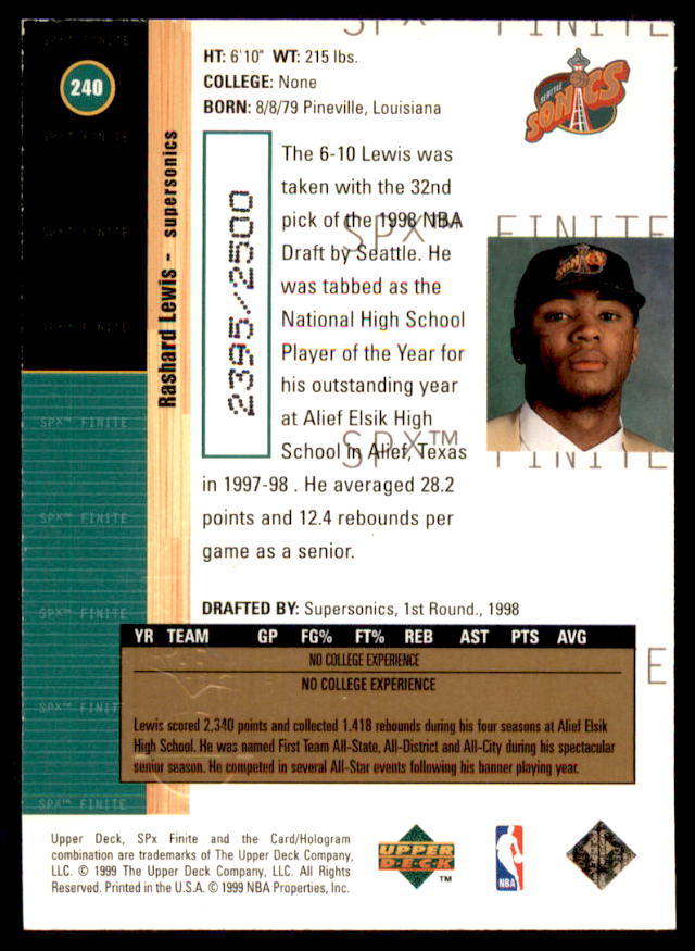 Rashard Lewis Rookie Card 1998-99 SPx Finite #240  Image 2