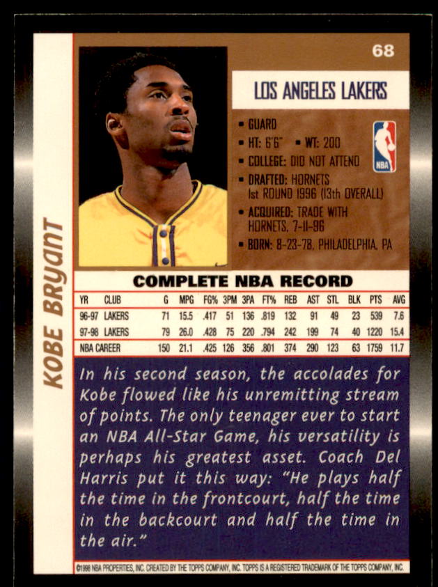 Kobe Bryant Card 1998-99 Topps #68  Image 2