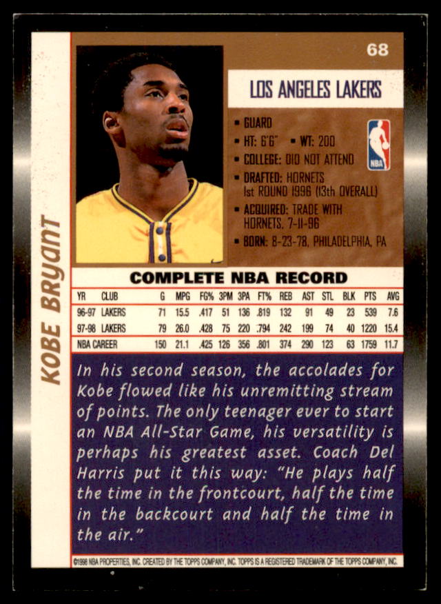 Kobe Bryant Card 1998-99 Topps #68  Image 2