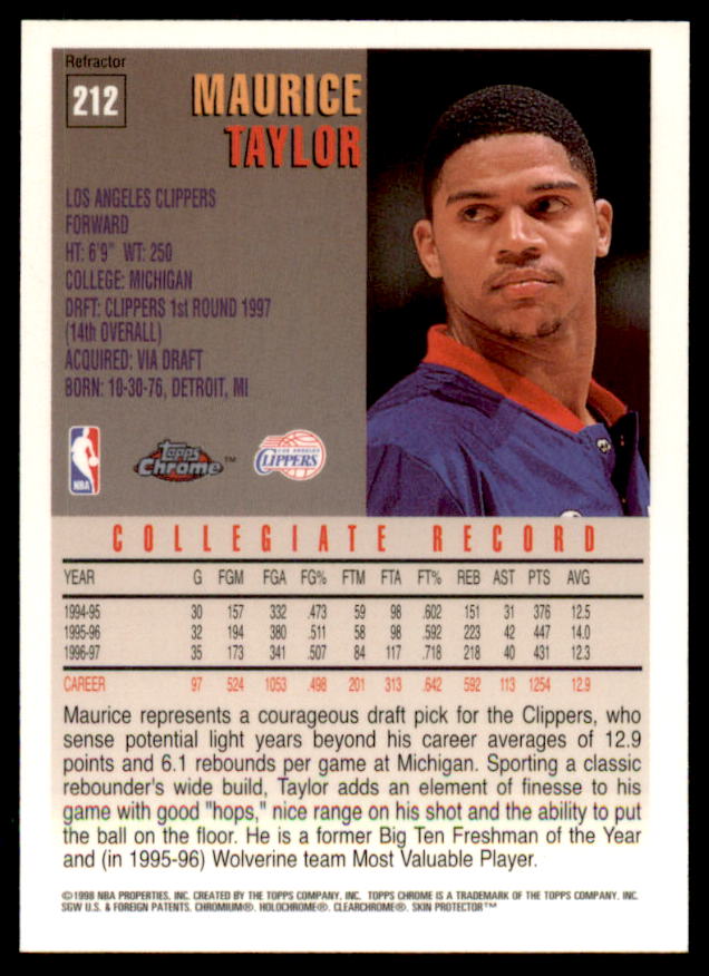 Maurice Taylor Rookie Card 1997-98 Topps Chrome Refractors #212  Image 2