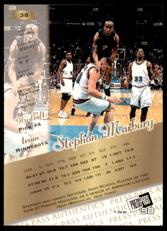 Stephon Marbury Card 1998 Press Pass Authentics #38  Image 2