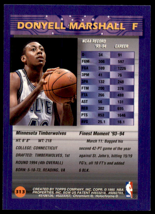 Donyell Marshall Rookie Card 1994-95 Finest Refractors #313  Image 2