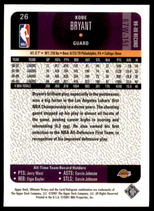 Kobe Bryant Card 2000-01 Ultimate Victory #26  Image 2